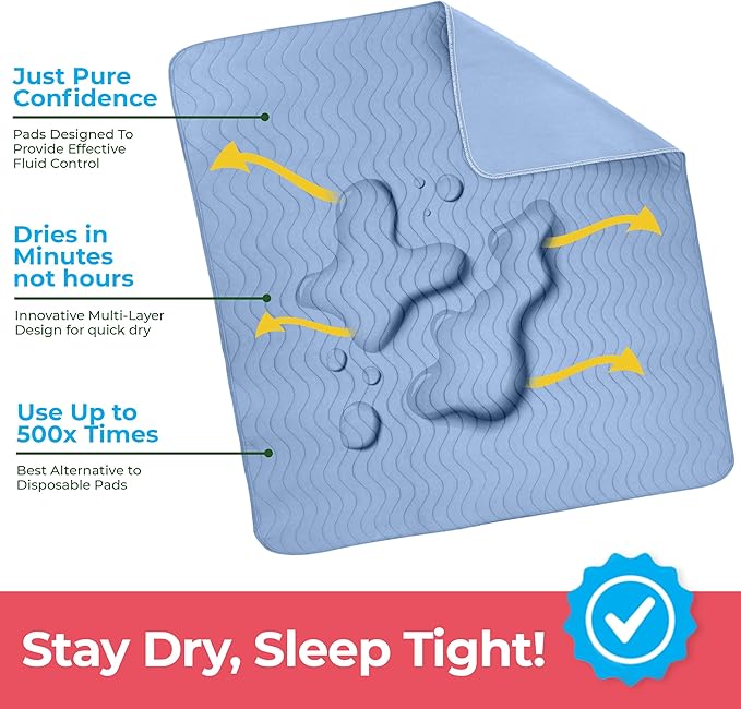 Utopia Bedding Washable Underpads 34" x 52" (Pack of 6), Waterproof Reusable Heavy Absorbency Incontinence Bed Pads for Adults, Kids, Elderly and Pets, Bedwetting Pads for Sofa and Couch (Blue)