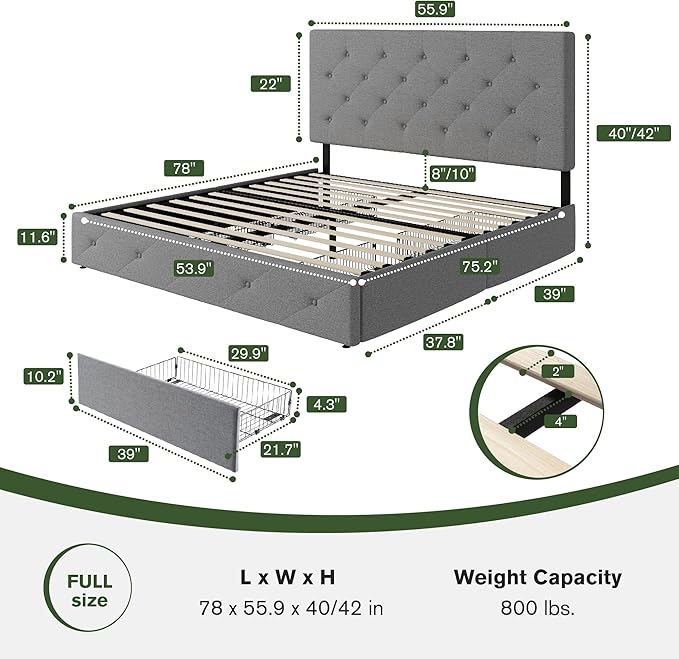 MUTICOR Full Size Bed Frame with 4 Storage Drawers, Upholstered Platform Bed with Button Tufted Adjustable Headboard, No Box Spring Needed, Easy Assembly, Diamond Tufted, Light Grey Fabric