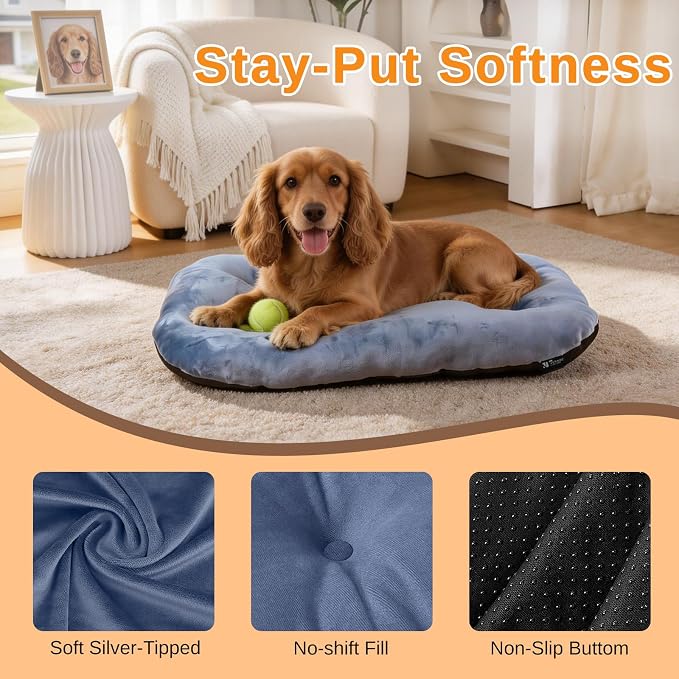 Washable Oval X-Large Dog Bed, Silver-Tipped High-Resilience, Dusty Blue | Non-Slip Bottom Prevents Sliding, Soft Plush Short Fur, Machine Washable, Ideal for Crates/Apartments/Cozy Nooks,41"x27"x3.6"