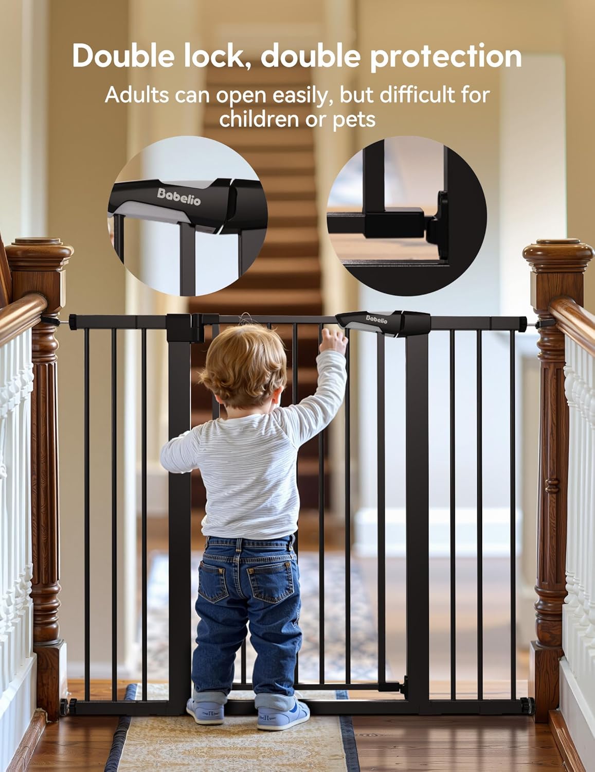 Babelio Baby Gate for Doorways and Stairs, 26-40" Auto Close Dog Gate, Easy-Install Pressure Mounted Satey Door, No Drilling Safety Gate for Child and Pets, Pressguard, Black