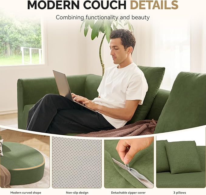 128" Oversized Modern Curved Sofa,Boneless Cloud Sectional Couch with Deep Seat,No Assembly Required Chenille Couches for Living Room,Green,1 PCS