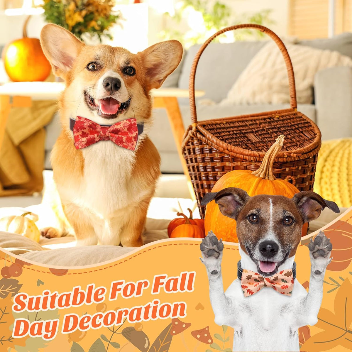 Hillban 50 Pcs Fall Thanksgiving Dog Collar Bow Ties Maple Leaves Dogs Collar Accessories Bow Ties Attachment with Elastic Bands Detachable Charms for Pet Costume Photo Props Accessories Pet Shops