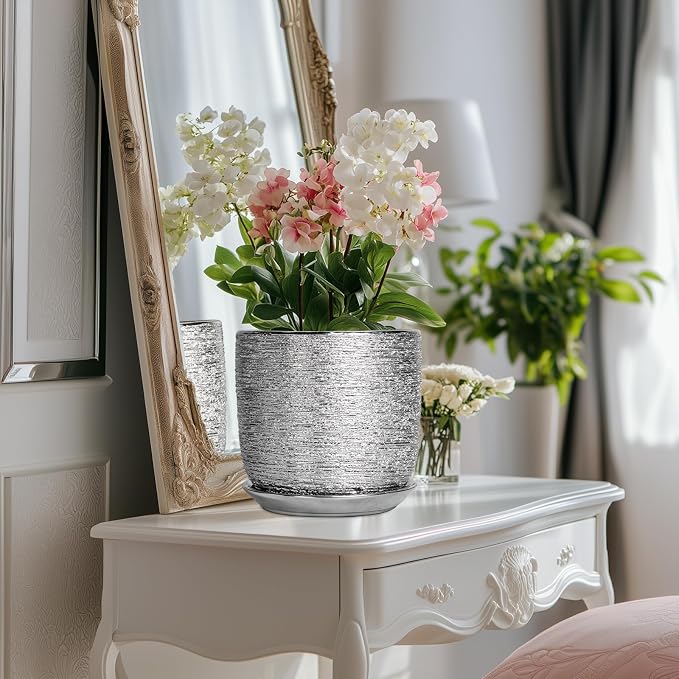 Ceramic Pot for Plants 8 Inch - Ceramic Flower Pot Indoor with Drainage Hole and Saucer, Decorative Round Indoor Planter, Plant Lover Gifts, Patio Home Office House Decor, Silver