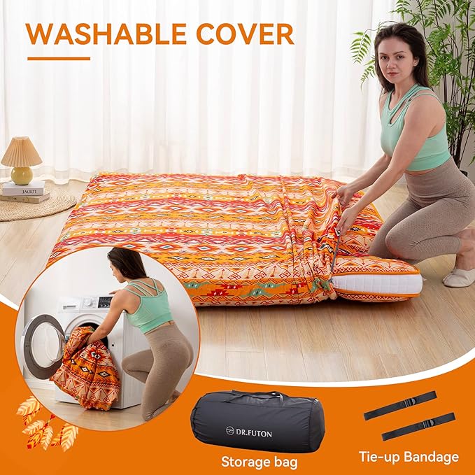 Dr.Futon Japanese Floor Futon Mattress Extra Thick Folding Roll Up Bed Topper Mat for Guest Lounger and Tavel Tradional Pattern