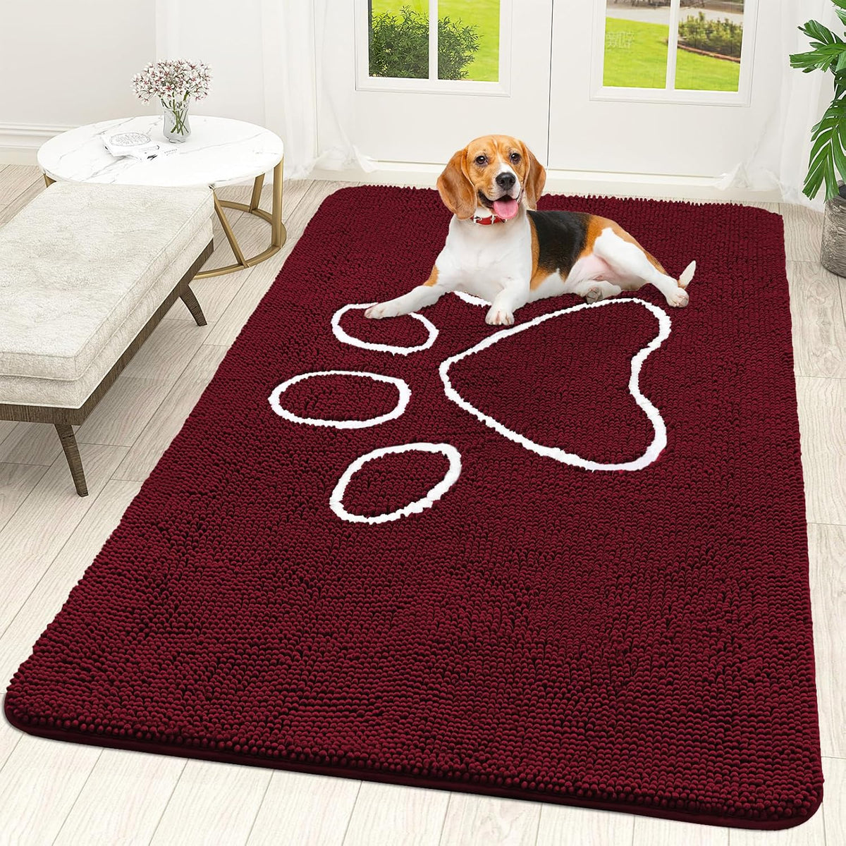 OLANLY Door Mat for Muddy Dog Paws 70x46, Ultra Absorbent Chenille Mud Doormat with Paw Print Design, Non-Slip Washable Doormat for Indoor Entryway, Quick-Dry Pet Bed Mats for Dirty Dogs, Burgundy