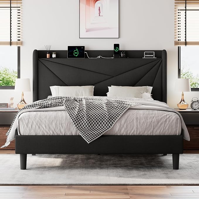 Full Size Upholstered Bed Frame with Charging Station, Platform Bed Frame with Storage Headboard, Solid Wood Slats Support, No Box Spring Needed, Black