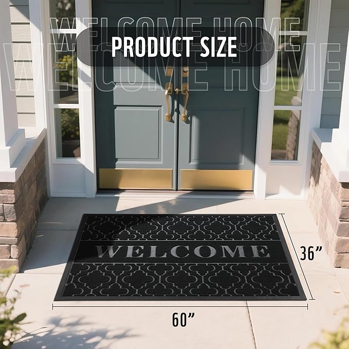 Yimobra Welcome Mat Outdoor Indoor, All-Season Waterproof Front Door Mat Outside Entrance, All-Weather Heavy Duty Non-Slip Doormat, Low Profile Porch Patio Entrance Mats, 60x36, Black