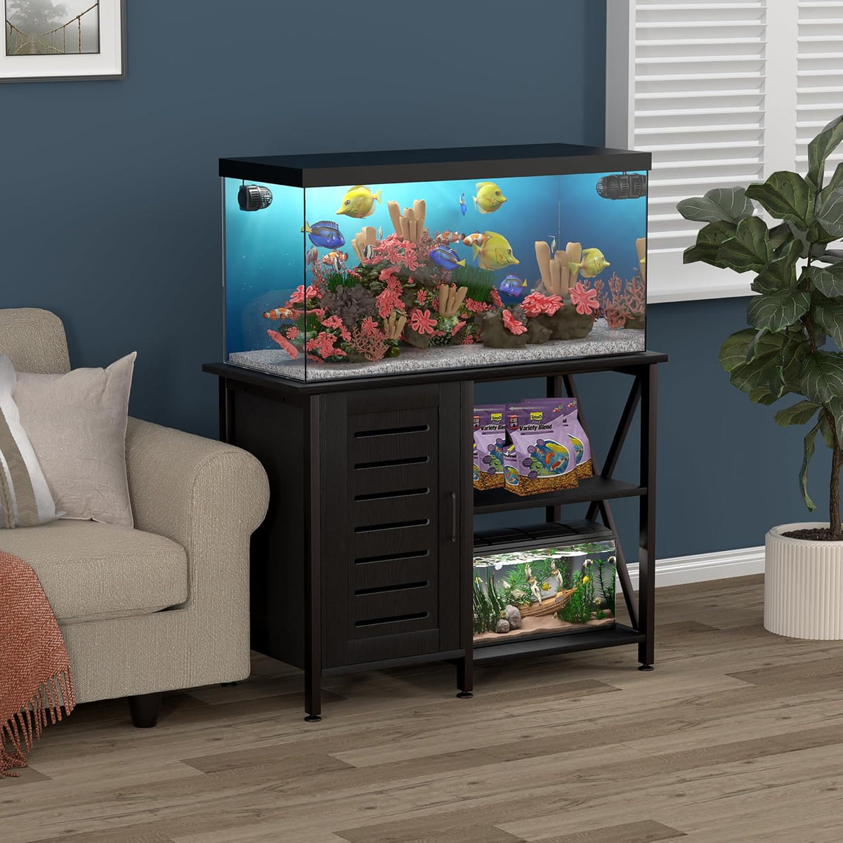 40-50 Gallon Fish Tank Stand, Aquarium Stand with Cabinet Accessories Storage, Heavy Duty Metal Frame, 40.55" L*18.89" W Tabletop, 850LBS Capacity, Black PG02YGB