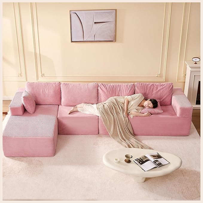 138" Boneless Couch with Deep Seat, Modular Sectional Sofa, Cloud Sectional Couch for Living Room, No Assembly Required, Corduroy, 4 Seater L-Shape Left, Pink