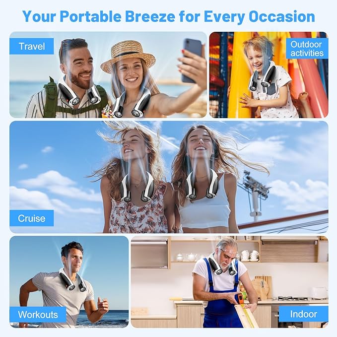 AI Portable Neck Fan with 6 Powerful Speeds, 8000mAh Battery Operated USB-C
