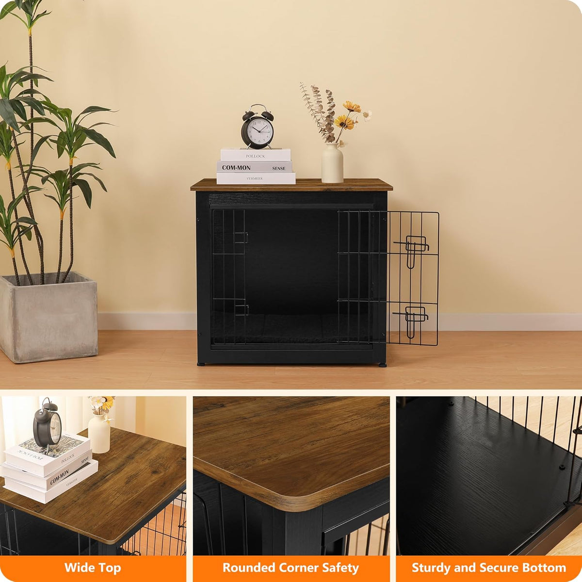 DWANTON Dog Crate Furniture with Cushion, Wooden Kennel Table with Double Doors, Indoor Dog House, Small/Medium/Large Size, 27.2" L, Black+Warm Brown