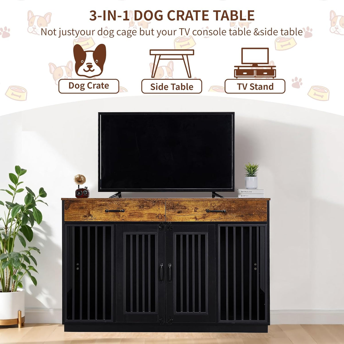 VECELO Dog Crate Furniture for Medium/Large Dogs, Wooden Dog Cage with Drawers, Double Door, Dog Kennel End Table, Brown