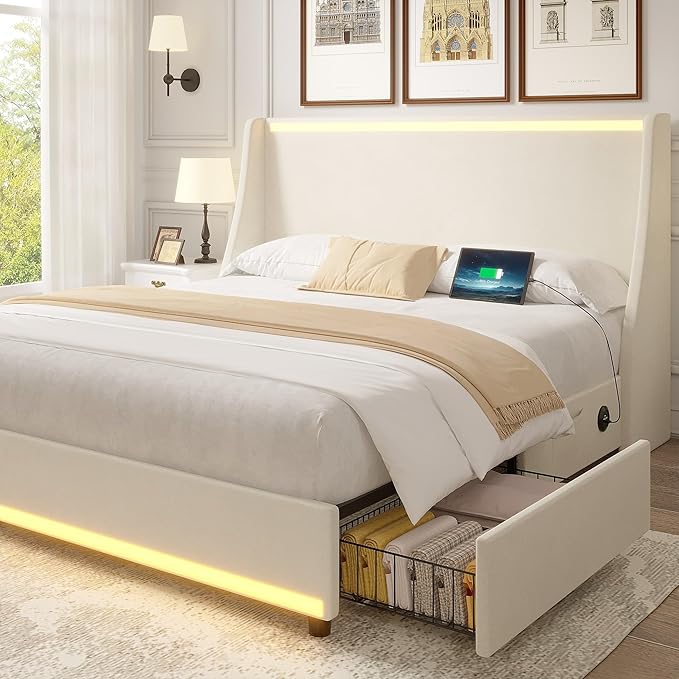 VECELO Full Size Bed Frame with Storage Drawers, Upholstered Platform Bedframe with Wingback Headboard, No Box Spring Needed, Beige