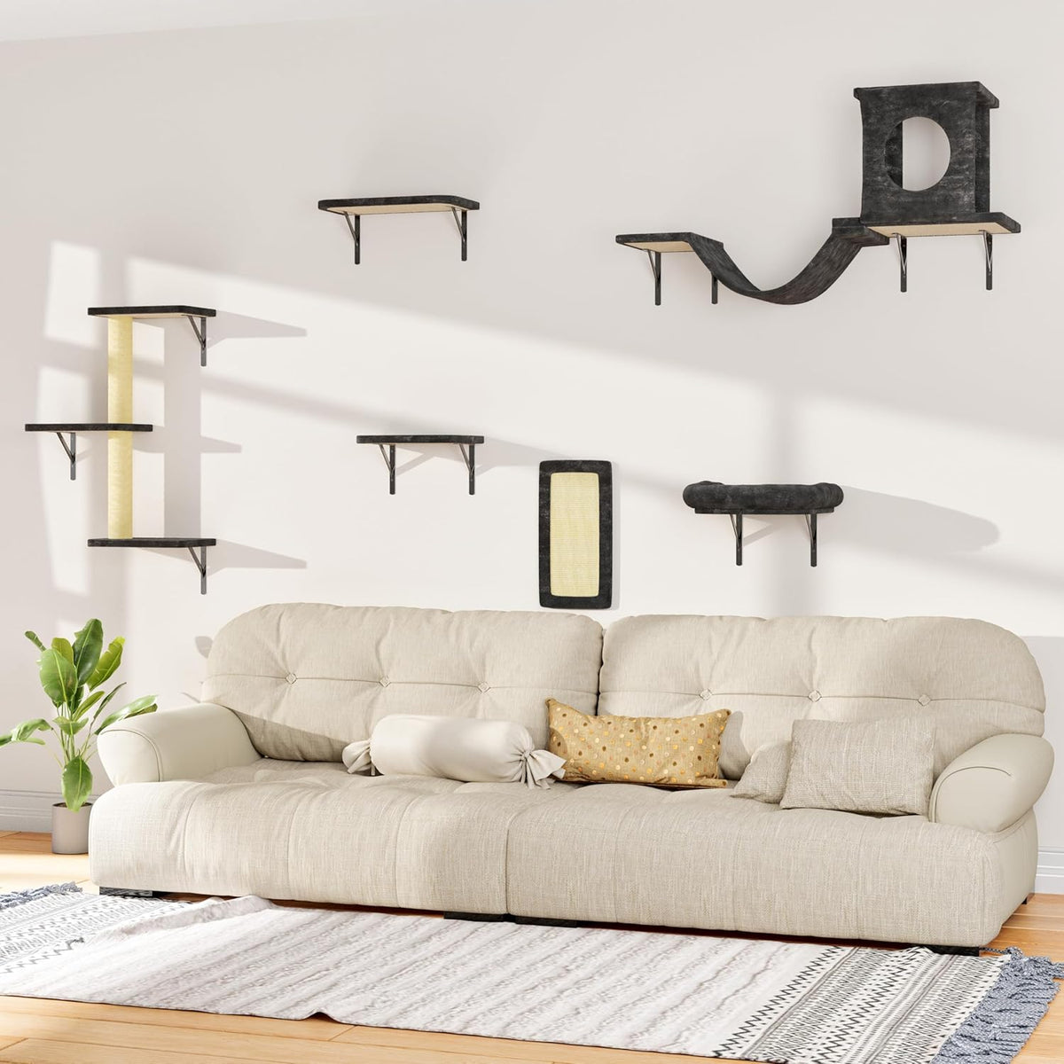 NUNU LAB Wall Mounted Cat Furniture, 6 Pcs Cat Wall Shelves with Condo House, Bridge, Steps, Scratcher, Hammock, Indoor Safe & Stable Furniture for Kittens Play, Dark Gray