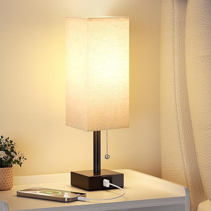 Small Linen Bedroom Lamp - 3 Color Temperature 3000K 5000K 4000K Bedside Lamp, Pull Chain Control, USB A and C Charging Ports, Black Base, for Kids Office Dorm, Bulb Included