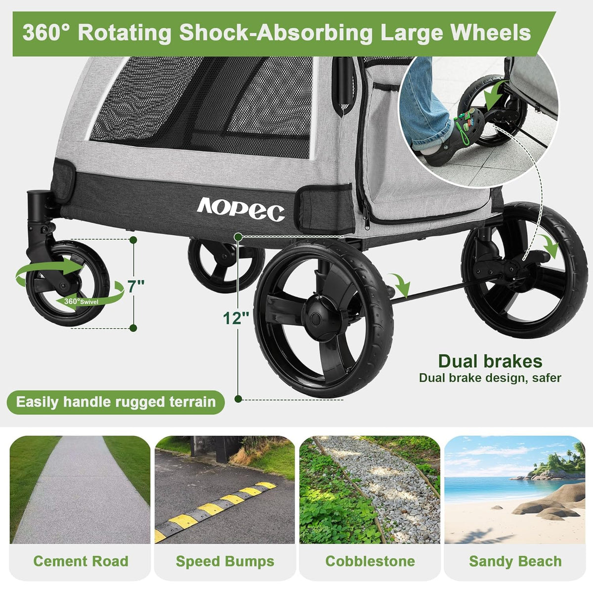 Large Dog Stroller - Dual Entry Safety Folding Pet Stroller with Adjustable Handle, All-Terrain 4-Wheel, 160 lbs Weight Capacity for Travel & Outdoor Adventures - Gray