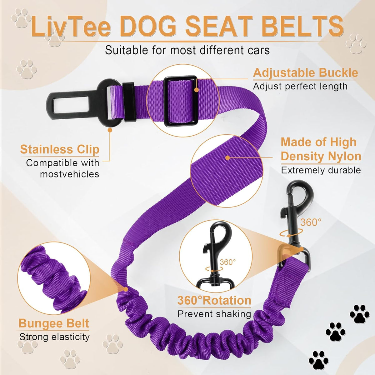LivTee Dog Seat Belt for Car, Retractable Pet Safety Harness, Adjustable Nylon Dog Seatbelt Leash, Comfortable Dog Accessories for Vehicles (Purple-1PCS)