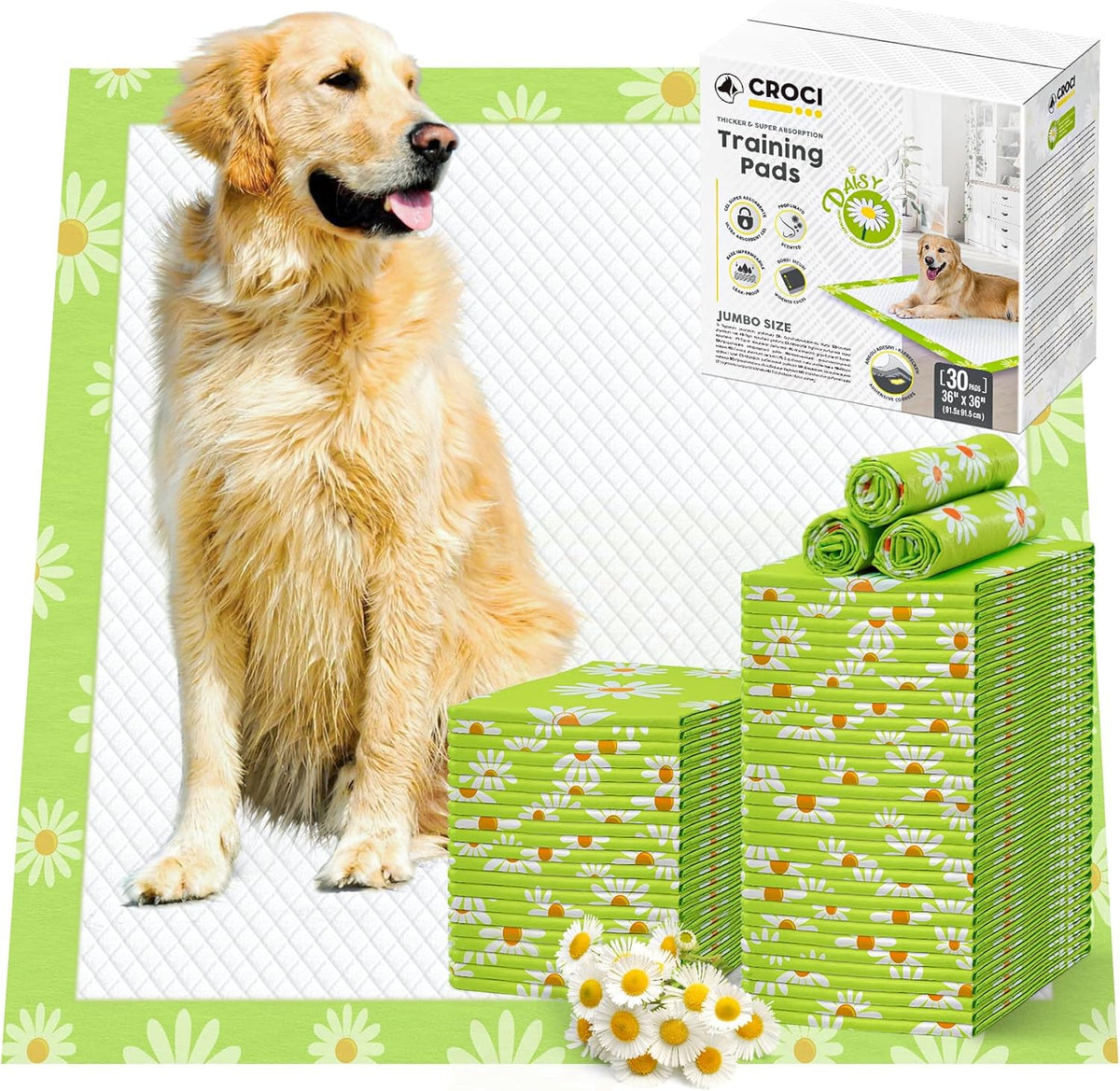 CROCI Dog Pads Extra Large 36x36in Daisy Pattern, Puppy Pads with Adhesive Tabs Super Absorbent Up to 11 Cups, Disposable (30 Counts)