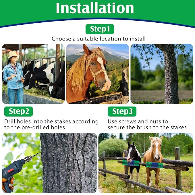 1 Pack Livestock Scratching Brush, Blue and Green | Animal Scratcher, Itch Relief Grooming, Horse Goat Cow Scratcher, Fence Post Mounting, Durable Bristles, Farm Livestock Care