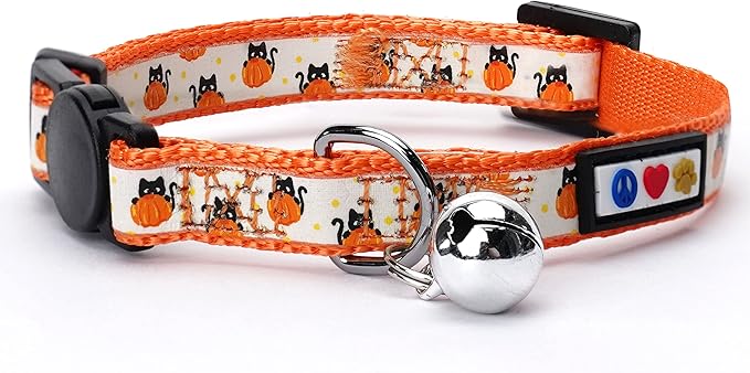 Pawtitas Halloween Cat Collars for Cats Adjustable Collar Glow in The Dark Feature and Safety Breakaway Buckle and Removable Bell to Match Your Halloween Cat's Costume - Orange Pumpkins Pattern