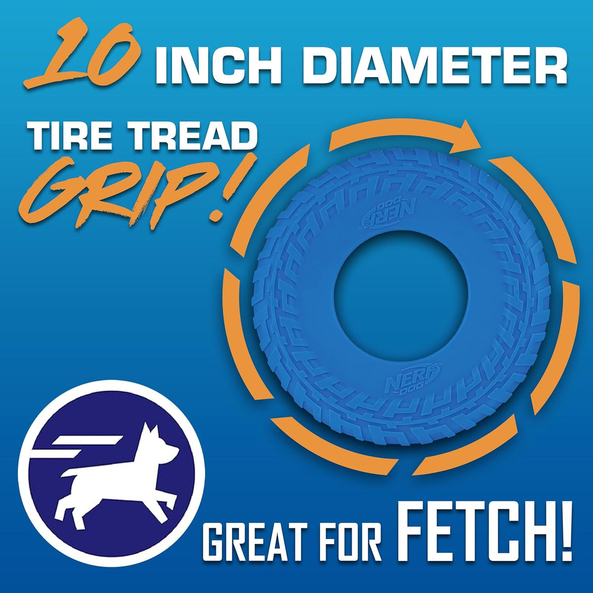 Nerf Dog Tire Flyer Outdoor Dog Toy, 10 Inch Flying Disc Dog Fetch Toy, Rubber Dog Toy for Medium Dogs and Large Dogs, Blue