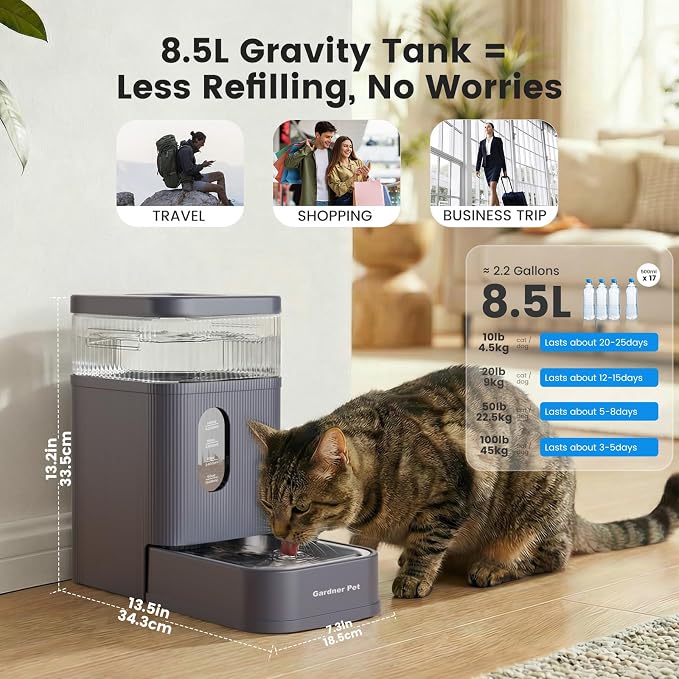 Gardner Pet 2.2 Gallon Automatic Dog Water Bowl Dispenser 8.5L Gravity Water Feeder with Stainless Steel Bowl & Maifan Stone Filter, BPA-Free for for Cats and Dogs (Grey, 2.2 Gallon)