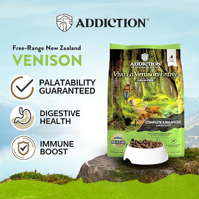 Addiction Viva Venison Grain-Free Dry Cat Food - High Protein, Natural & Hypoallergenic for Sensitive Stomach, Limited Ingredient for Allergy & Weight Management - 4lbs