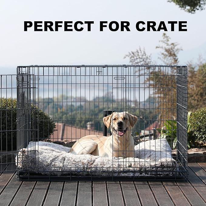 Bedfolks Extra Large Waterproof Plush Dog Crate Bed with Removable Washable Cover,Faux Fur Kennel Bed 41"x27",Brown