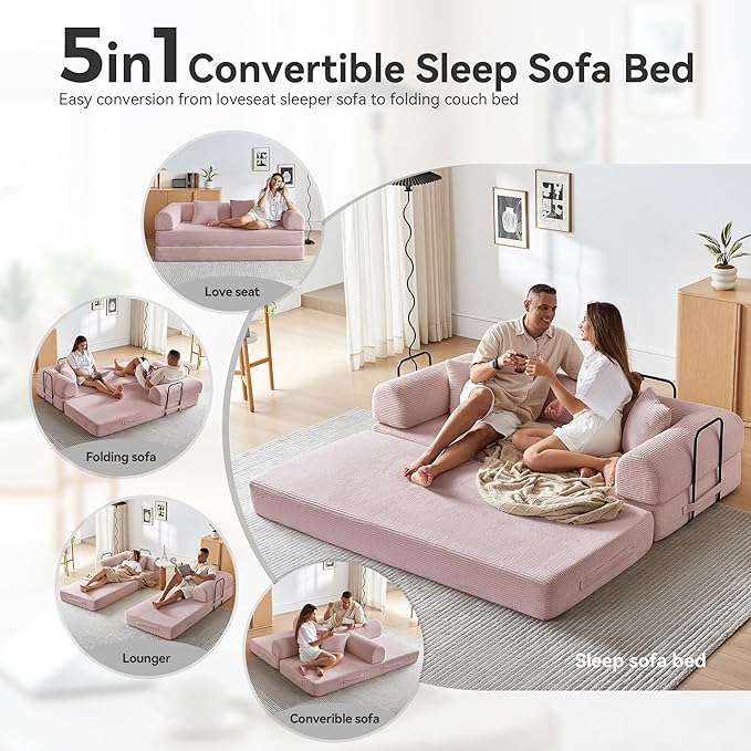 Compression Sofa, Cloud Sectional Sofa,Sofa Bed, Boneless Modular Sectional Sofa with 2 Pillow, Comfy Fluffy Couch with Futon Bed, Perfect for Living Room, Small Space (Pink)