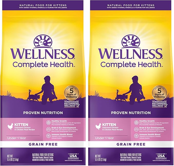Wellness Natural Pet Food Complete Health Natural Grain Free Deboned Chicken & Chicken Meal Dry Kitten Food, 5.5 Pound Bag (Pack of 2)