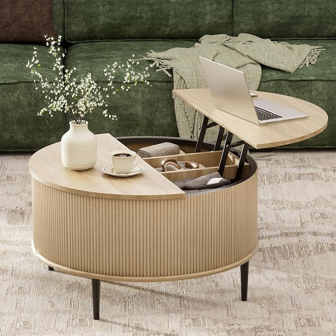 Yechen Round Coffee Table with Storage, 31.5" Flip-top Fluted Center Table, Midcentury Modern Lift Top Curved Table for Living Room,Natural