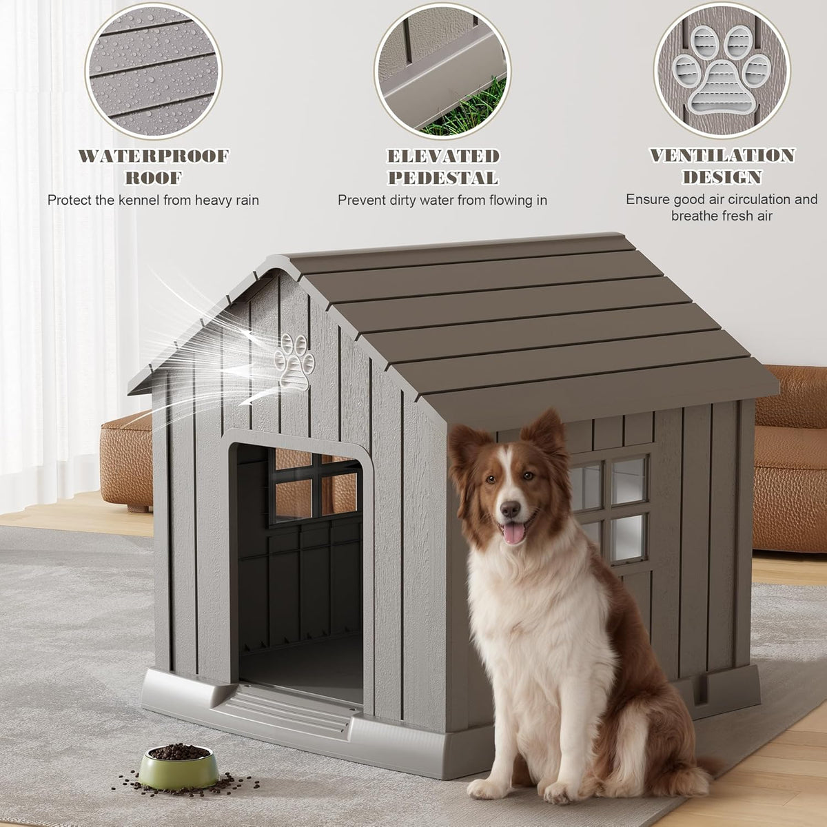 Large Dog House Outdoor Indoor for Medium Large Dogs, Durable Plastic Waterproof Doghouse with Air Vents and Elevated Floor, Easy Clean and Assemble (Grey, 37.2" L x 40" W x 40" H)
