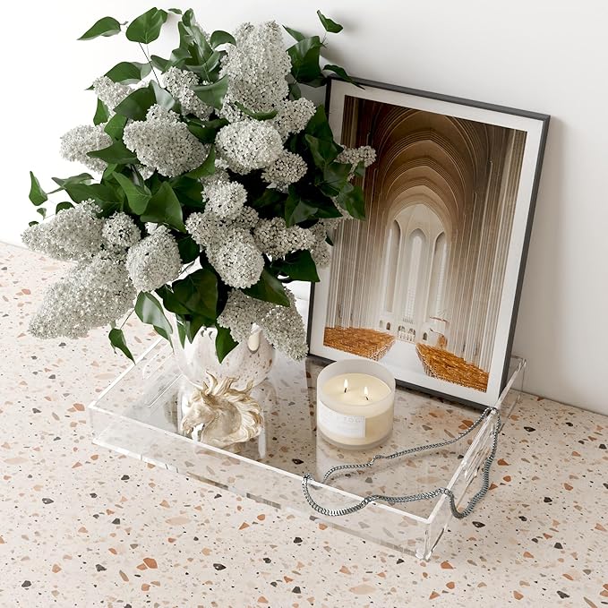 16"x12" Large Acrylic Serving Tray Decorative Ottoman Coffee Table Vanity Tray Tea Fruit Platter Snack Appetizer Dessert Drink with Handles for Bar Kitchen Party, Clear