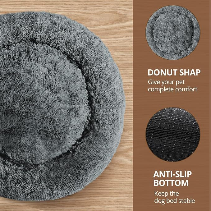 JOLLYVOGUE Calming Dog Bed Medium Size Dog, Anti-Anxiety Donut Medium Pet Bed, 27 inches Fluffy Faux Fur Round Cat Bed (Navy Grey)