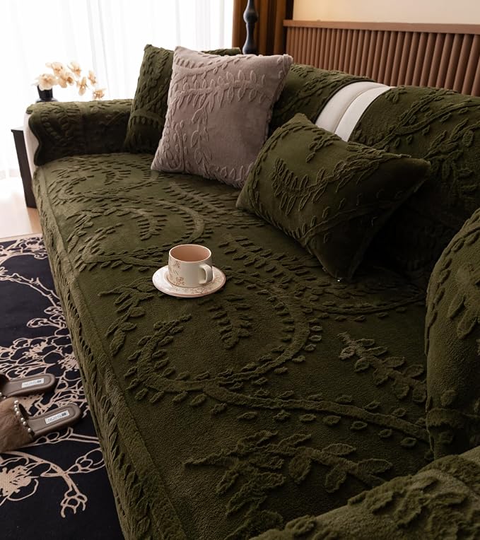 Green Fuzzy Rabbit Plush Sofa Cover Cozy Warm Sofa Couch Covers with 3D Jacquard Leaf Pattern Non-Slip Easy-to-Install Shaggy Sofa Slipcover Prefect for Kids Dogs Cats Cats(Green,36"x36")
