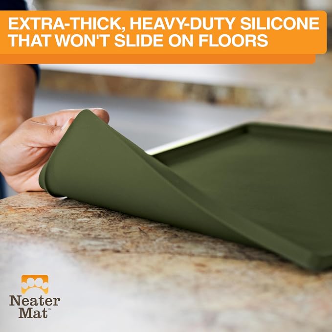 Neater Pet Brands Neater Mat Pet Mats for Food and Water, Cat & Dog Bowl Mat Waterproof Silicone, Feeding Tray, Dog Food Mats for Floors, Placemat w/Raised Edge for Under Bowls, 19” x 12”, Olive