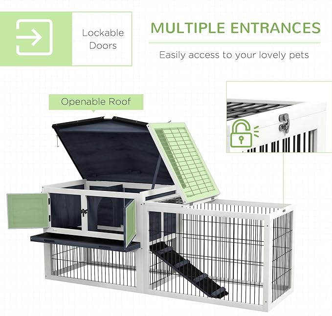 PawHut Rabbit Hutch Outdoor Indoor, 54" L Large Rabbit Cage with Waterproof Openable Roof, No-Leak Tray, Ramp, Run, for Bunnies, Guinea Pigs, Dark Gray