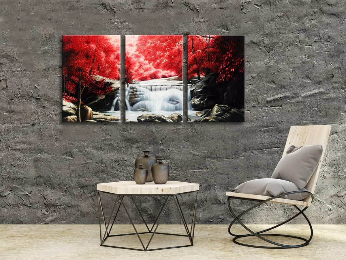 Wieco Art 3 Piece Red Forest Waterfalls Canvas Prints Wall Art for Living Bedroom Room Home Decorations Modern Gallery Wrapped Landscape Tree Oil Paintings Reproduction Pictures Artwork