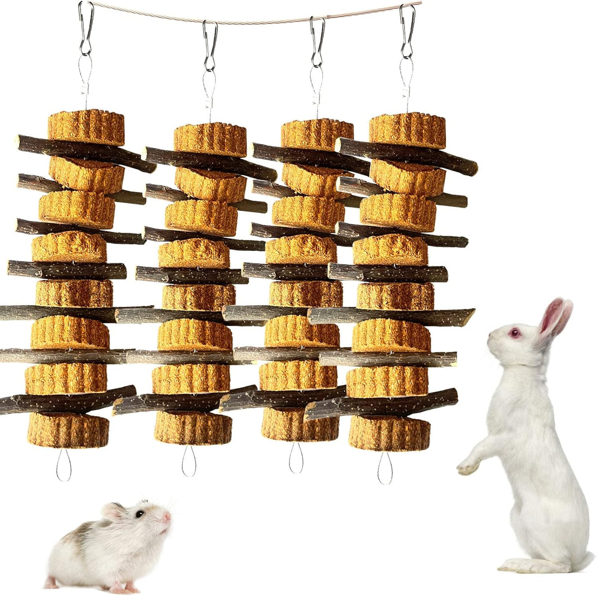 kathson Natural Small Animal Chew Toys for Teeth,4 PCS Rabbit Hanging Chewing Treats with Natural Organic Apple Stick Timothy Grass Carrot Cake for Hamsters Squirrel Guinea Pig Rabbits