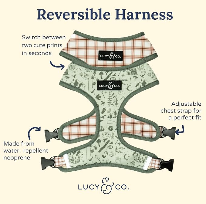 Lucy & Co. Reversible Dog Harness - Water-Repellent Neoprene, Dual-Print Design, Easy Swap Style, Adjustable Comfort Fit - Camp Out Reversible Harness - X-Large