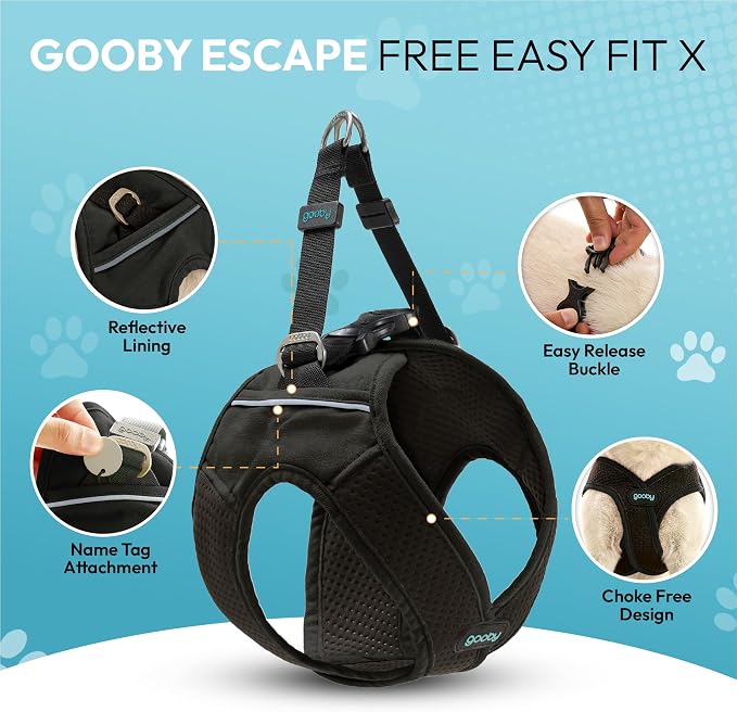 Gooby Escape Free Easy Fit X Step-in Dog Harness, Vegas Black, X-Small | Patented escape-free, tightens on back-out; Choke-free X-frame + V-neck; Quick-release buckle; Reflective trim