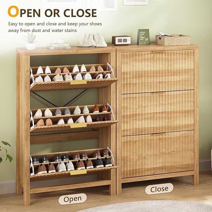 Shoe Cabinet Storage for Entryway, Fluted Shoe Cabinet