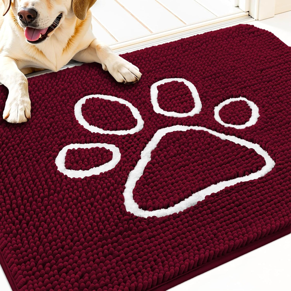 OLANLY Door Mat for Muddy Dog Paws 30x20, Ultra Absorbent Chenille Mud Doormat with Paw Print Design, Non-Slip Washable Doormat for Indoor Entryway, Quick-Dry Pet Bed Mats for Dirty Dogs, Burgundy