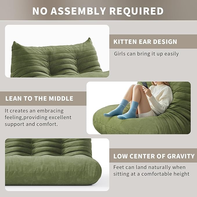 Bean Bag Chair for Adults,Armless Fireside Chair Comfy Corduroy Lazy Floor Sofa,Lounge Chair Lazy Sofa Couch Memory Foam Bean Bag for Living Room, Apartment Office,(Olive Green) 8 Seater