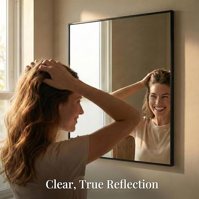 30''x30'' Square Black Bathroom Mirror, Matte Metal Framed Wall Mirror