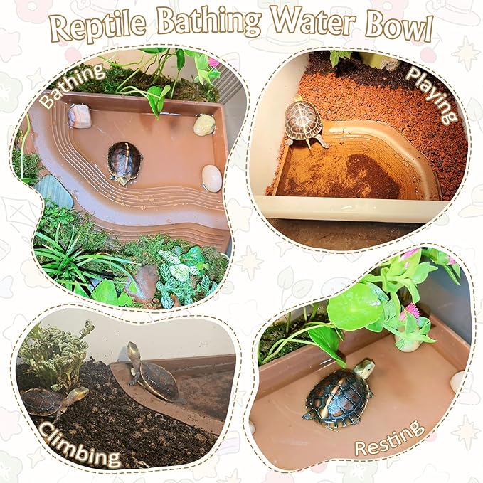 Reptile Bathing Pool 2-in-1 Tortoise Water Dish with Ramp Large Turtle Feeding Bowl with Steps Plastic Reptile Food & Water Dishes 7 Pcs Gecko Habitat Decoration Accessories Lizard Bath Tub