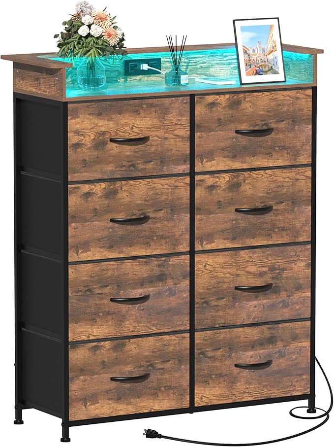 Tall Dresser for Bedroom with Charge Station 8 Drawers Dresser with LED Lights