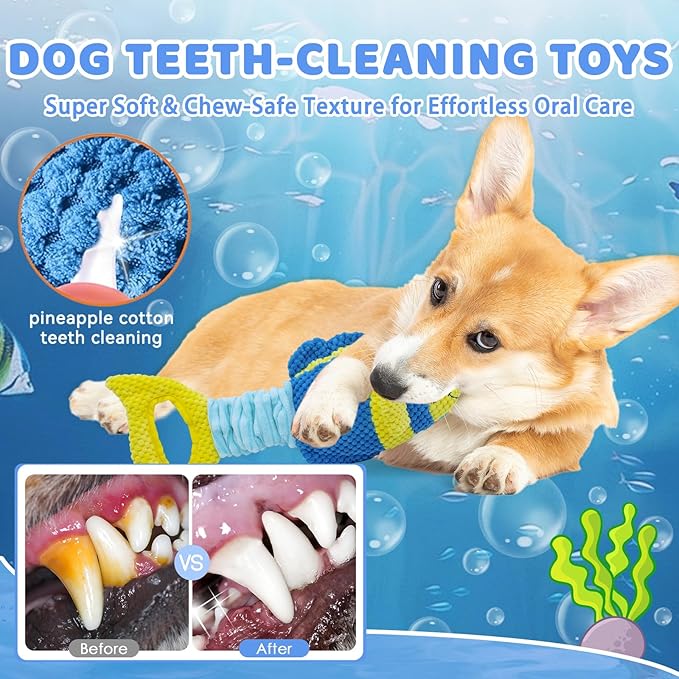 Tug of War Dog Toy, Squeaky Dog Toys, Interactive Fish Puppy Toys with Crinkle Paper to Keep Them Busy