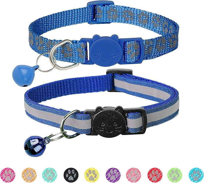 BANMODER 2 Pack Reflective Cat Collar Breakaway with Bell,Personalized Kitten Collars,Adjustable Safety Buckle Collar for Male Cats Girls & Boys (Navy Blue)