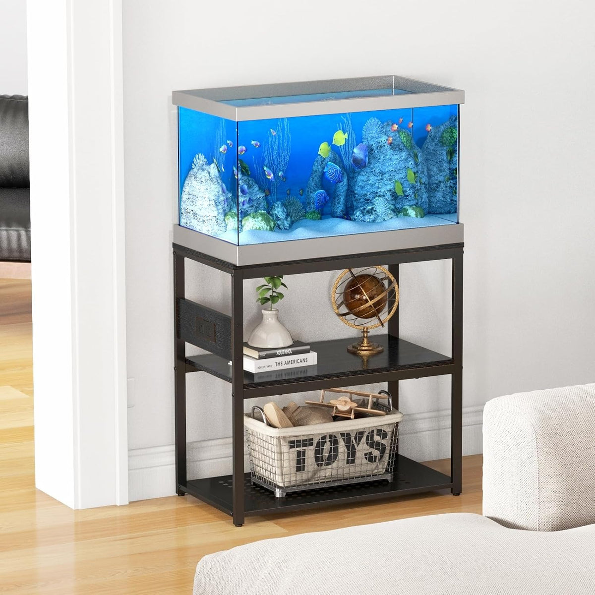 20-29 Gallon Fish Tank Stand with Power Outlets, 3-Tier Metal Aquarium Stand, Breeder Reptile Tank Stand with Shelf for Home Office, 660LBS Capacity, 29.5 x 15.8 x 30.1 inches, Black